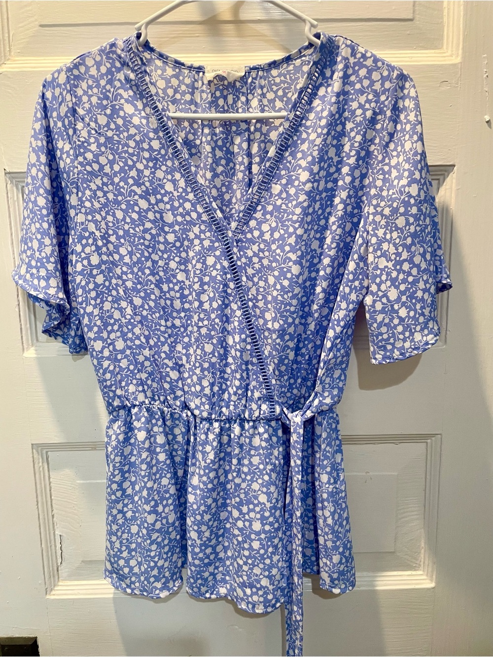 Light Blue Floral Wrap Peplum Top, Medium, Feminine, Cottagecore